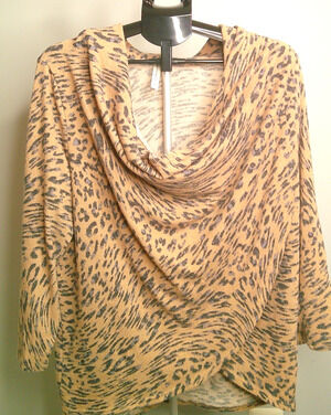 Emerald Women's Cowl Neck Tan Black Animal Print Sweater Wrap Front